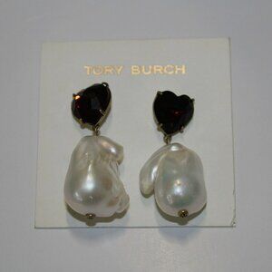 TORY BURCH Red Crystal Heart and Pearl Drop Earrings